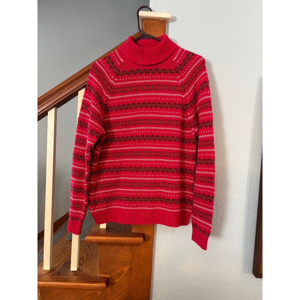 Lands’ end cotton knit sweater red turtleneck fair isle striped M 10/12 p vtg